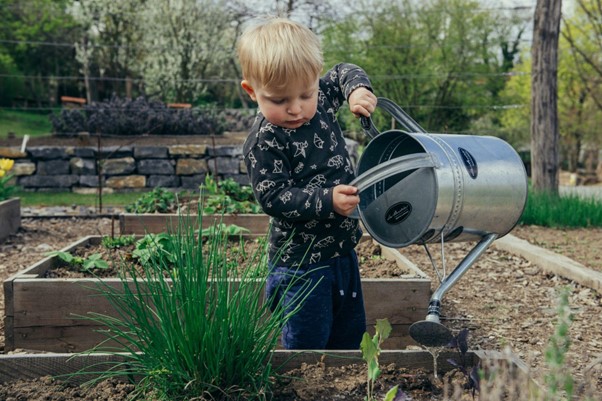 unsplash child pouring watering can in garden