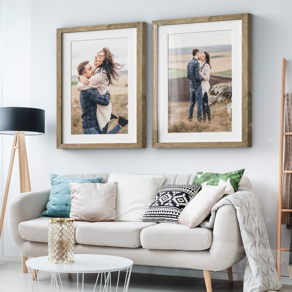 Gallery wall ideas, uk. Two framed photos in a living room wall.