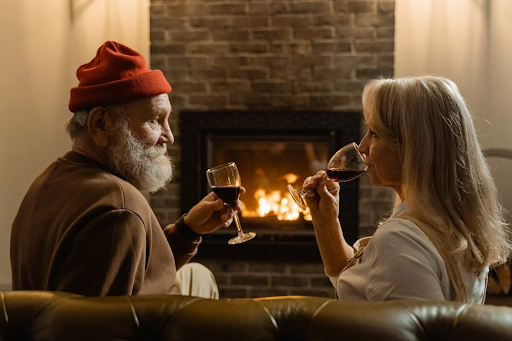 Fat joe stock image, couple drinking a glass of wine