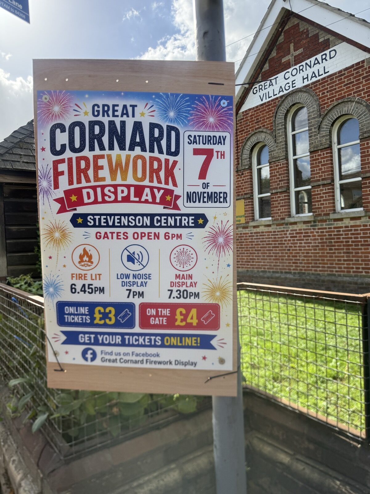 Poster for the Great Cornard Firework Display 2026 at the Stevenson Centre, Sudbury, on Saturday 7th November, outside Great Cornard Village Hall