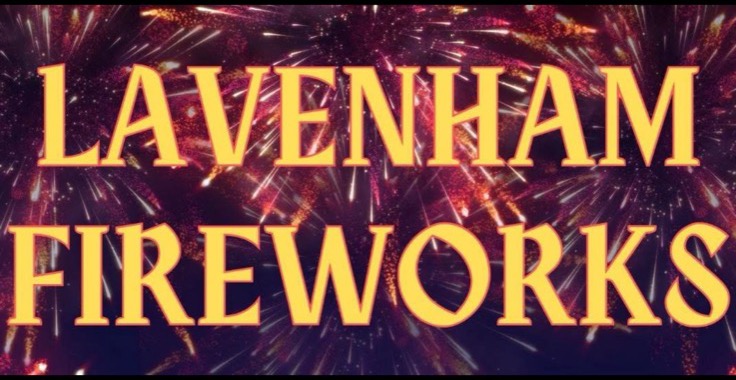 Lavenham Fireworks 2026 banner, with gold lettering over a pink and purple fireworks background